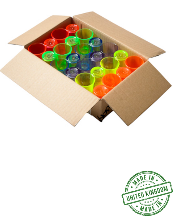 Mixed Neon Reusable Plastic Shot Glass 25ml Box of 24. - Polystyrene UKCA Stamped to Rim