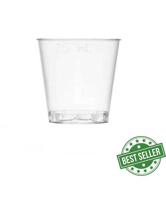 25ml Clear Disposable Recyclable Plastic Stacking Shot Glass - CE Stamped to Rim