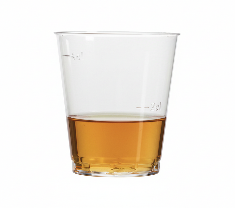 50ml Clear Disposable Recyclable Plastic Stacking Shot Glass - Capacity Marked to Line at 20 & 40ml