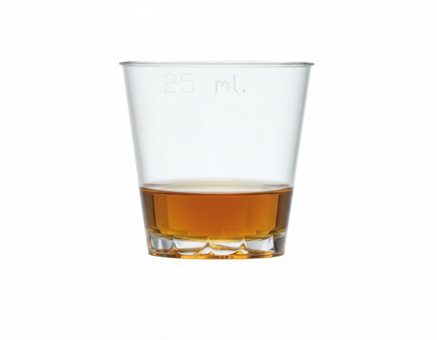 25ml Clear Disposable Recyclable Plastic Stacking Shot Glass - CE Stamped to Rim