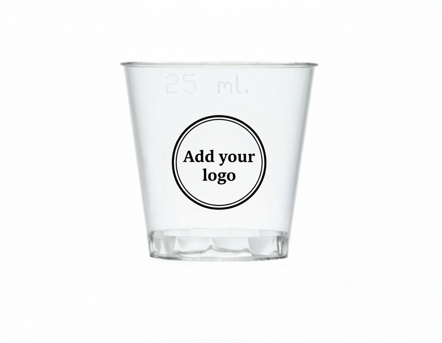 25ml Clear Disposable Recyclable Plastic Stacking Shot Glass - CE Stamped to Rim