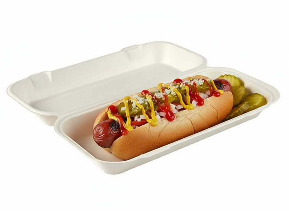 White Compostable Long Clamshell Food Box 335mm