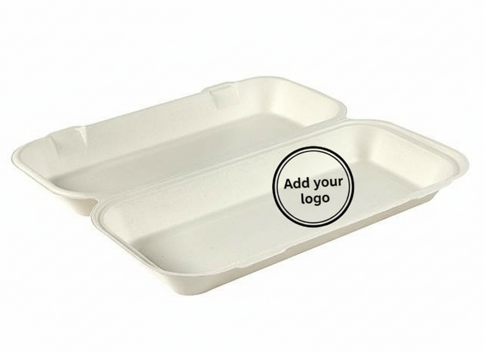 White Compostable Long Clamshell Food Box 335mm