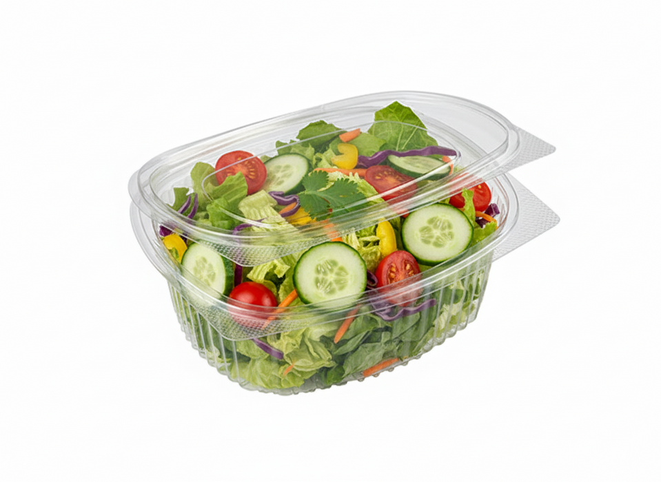 Clear Recyclable Oval Hinged Salad Containers 1000ml - rPET