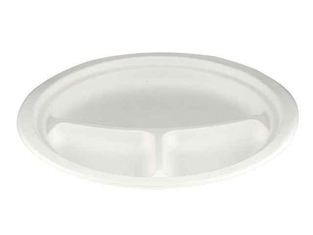 White Compostable Bagasse 3-Compartment Plate 260mm