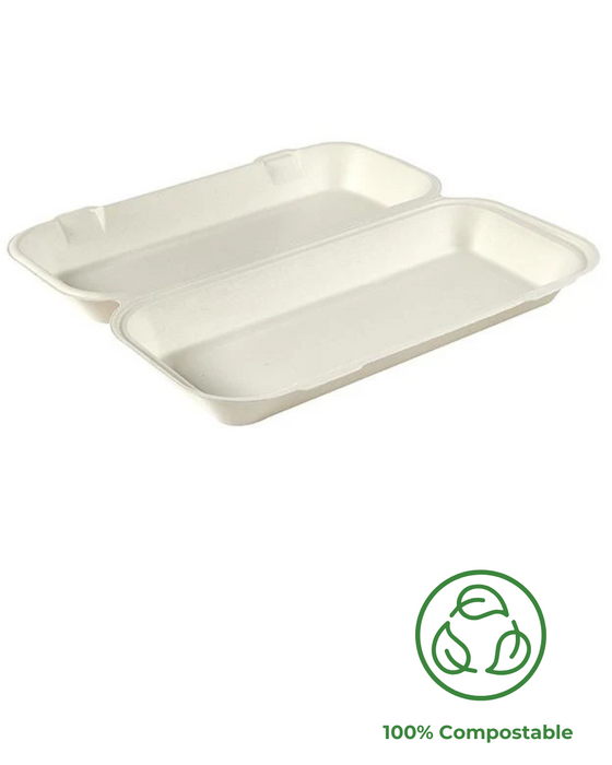 White Compostable Long Clamshell Food Box 335mm