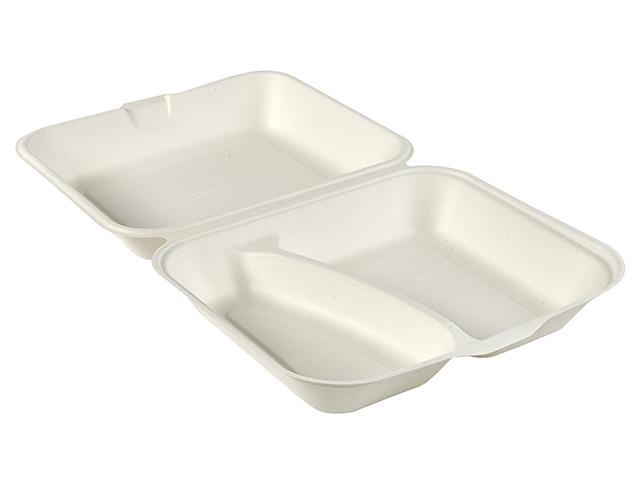 White Compostable 2-Compartment Clamshell Food Box - Bagasse
