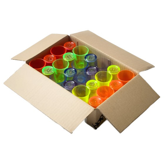 Mixed Neon Reusable Plastic Shot Glass 25ml Box of 24. - Polystyrene UKCA Stamped to Rim